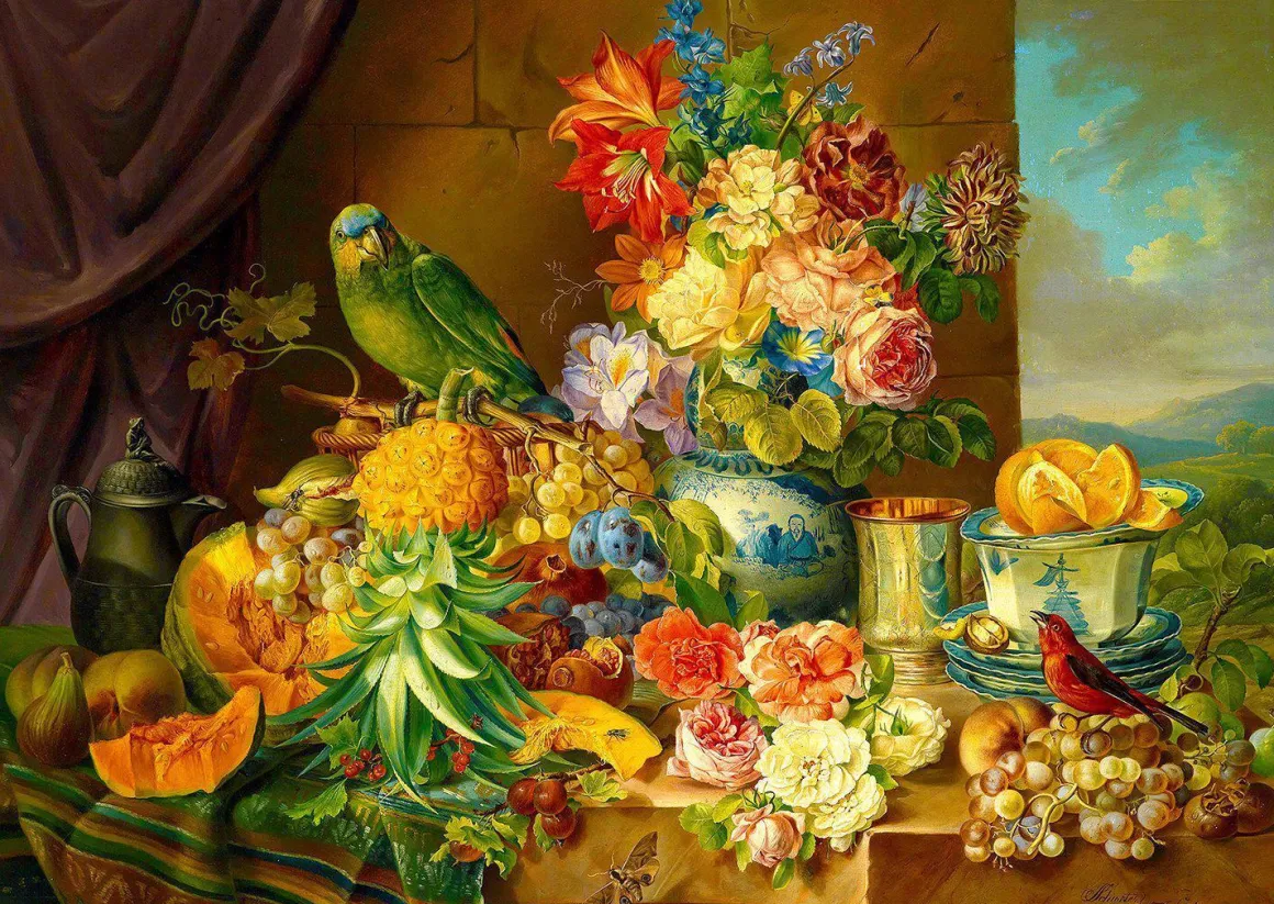 Enjoy – Still Life with Fruit Flowers and a Parrot 1000 Piece Puzzle